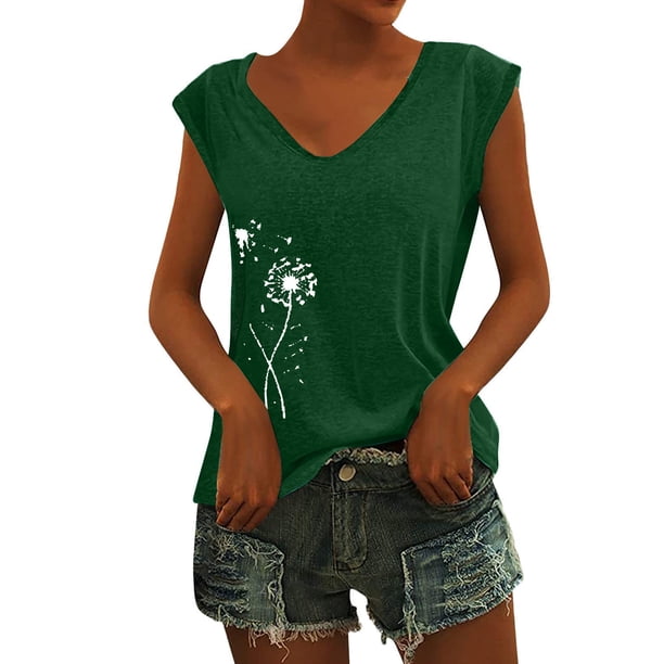 Playeras,Blusas y Tops,Ropa para Mujer Camisetas Sin Mangas Para Mujer Camiseta sin mangas con manga casquillo para mujer, cuello en V, color sólido, camisa informal, blusa suelta (Green, XXL)