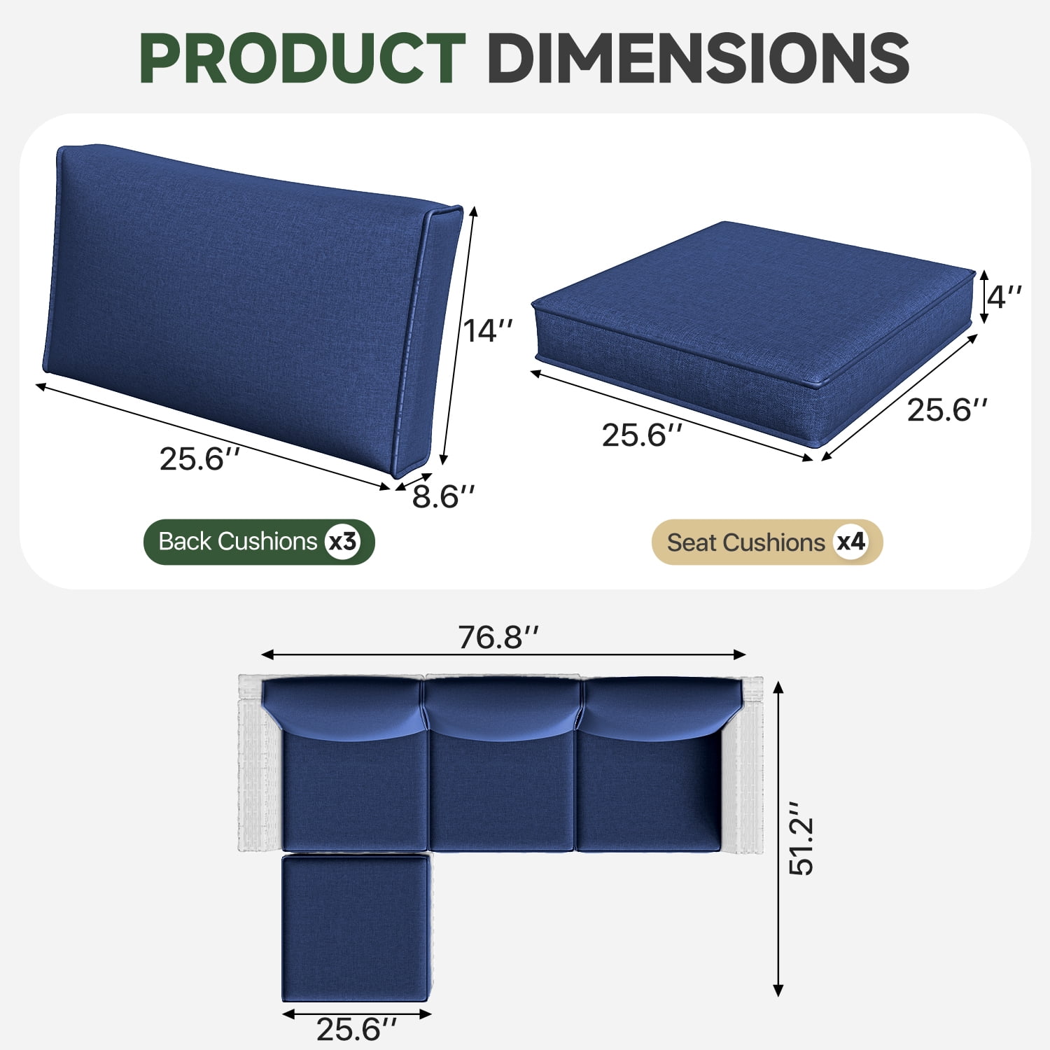 BaPiPro 4-Person Navy Blue Outdoor Sectional Sofa Cushions, Waterproof Polyester Patio Cushions with High-Density Sponge, No Assembly Required, for Backyard, Balcony, Deck, Poolside