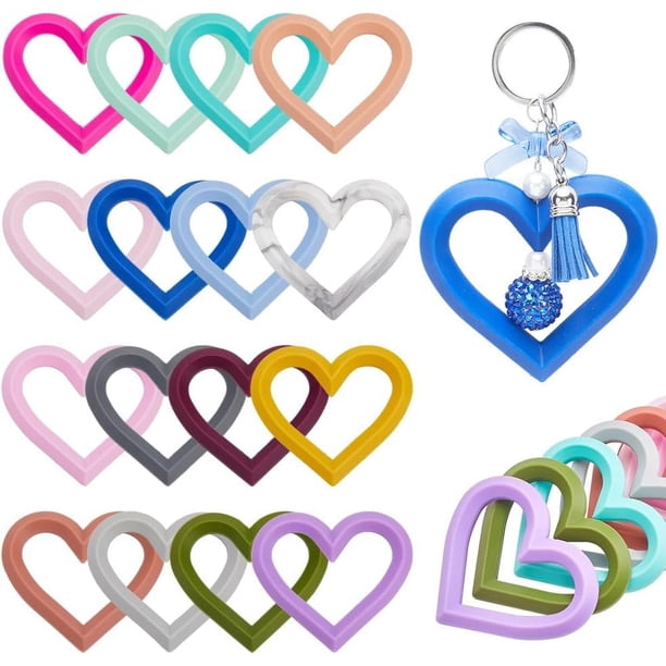 16 anillos de silicona con forma de corazón para abalorios, 16 colores, llaveros coloridos con cuentas, bucle focal con agujeros y conectores de cuentas.
