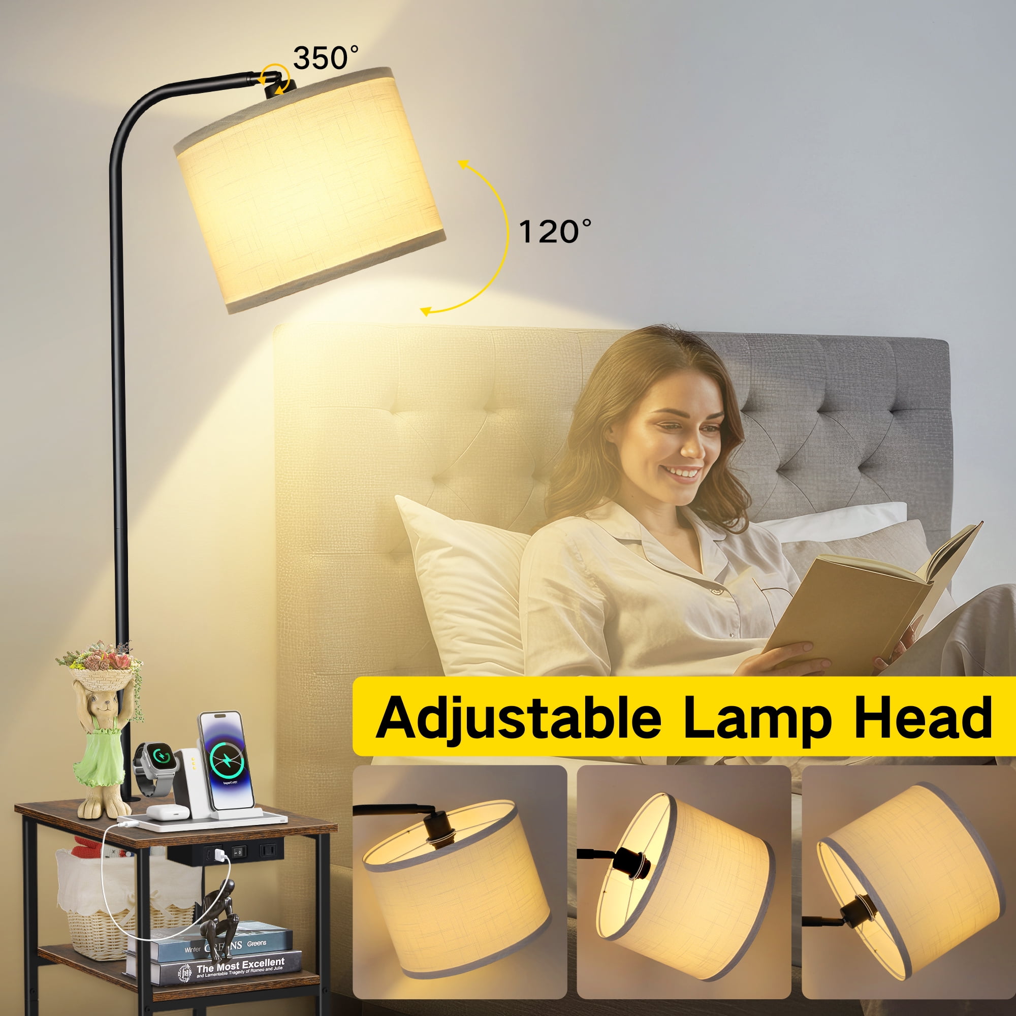 OUTONLIFE Floor Lamp with Table for Living Room with USB & Type C Charging Station, End Table Lamp with 3-Color Temperature LED Bulb for Bedroom, Brown