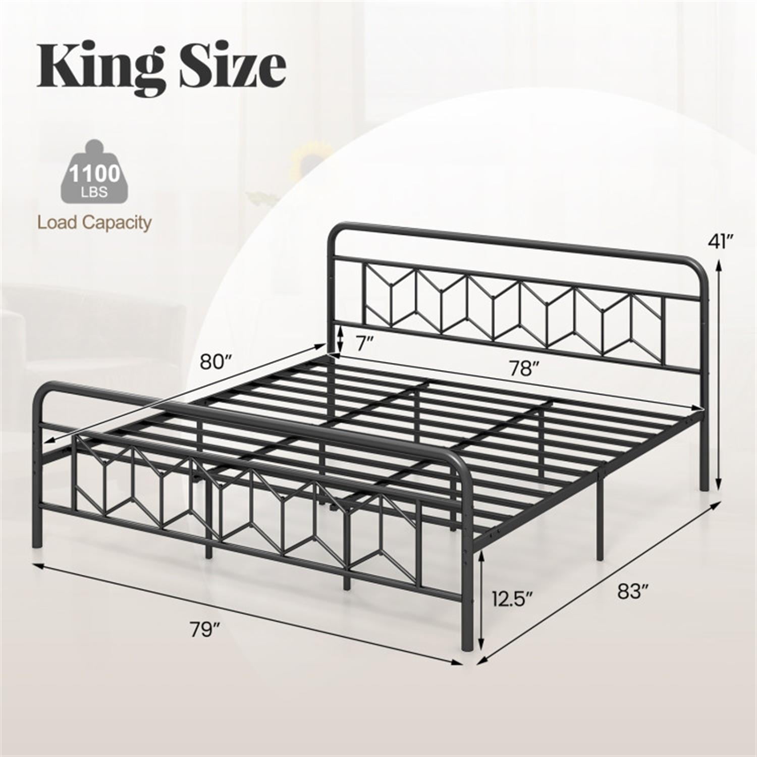 Demi Bonn King Size Bed Frame with High Headboard and Snap Lock Metal Slats, Platform Bed Frame with Under Bed Storage, No Box Spring Needed, Black