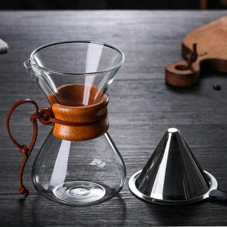 Pour Over Coffee Maker, Borosilicate Glass Carafe and Reusable Stainless Steel Permanent Filter Manual Coffee Dripper Brewer with Real Wood Sleeve