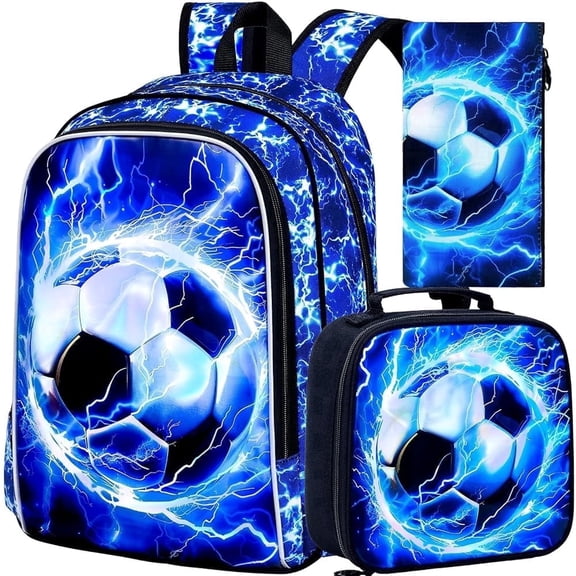 Boys Soccer Backpack and Lunch Box Set, 3PCS Kids Lightning Bookbag with Matching Lunch Bag & Pencil Case, 17" Water Resistant School Bag for Teenagers Elementary Middle School Students