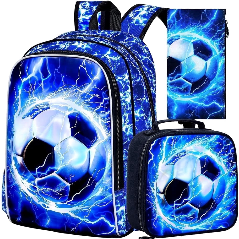 Boys Soccer Backpack and Lunch Box Set, 3PCS Kids Lightning Bookbag with Matching Lunch Bag & Pencil Case, 17" Water Resistant School Bag for Teenagers Elementary Middle School Students