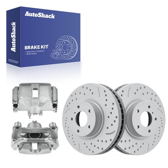 AutoShack Front Vented Drilled & Slotted Coated Brake Rotors Silver Matte Finish   Calipers 4-PC Brake Kit Replacement for 2009-2014 Nissan Maxima 2016-2023 Nissan Maxima TurboGuard 12.59" (319.7 mm)