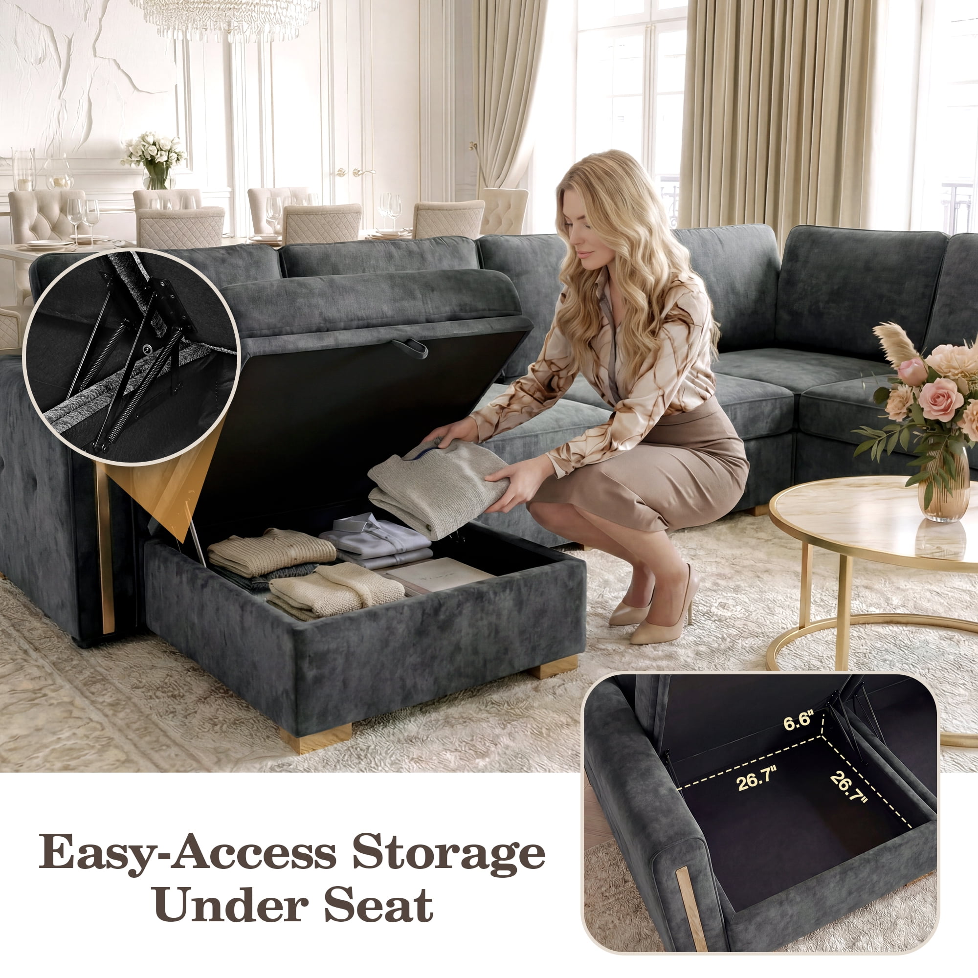 Advwin 132" 4-Seater Oversized Modular Sectional Sofa with Storage Under Each Seat & Gold Metal Accents, Modern Luxury Chenille Convertible Cloud Couch for Living Room, Dark Gray
