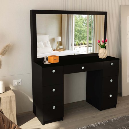 Boahaus Artemisia Vanity Makeup Desk with 7 Drawers  Full-Width Hollywood Mirror  Black Vanity Dresser with Mirror  Crystal Ball Knobs  Modern Makeup Table for Bedroom