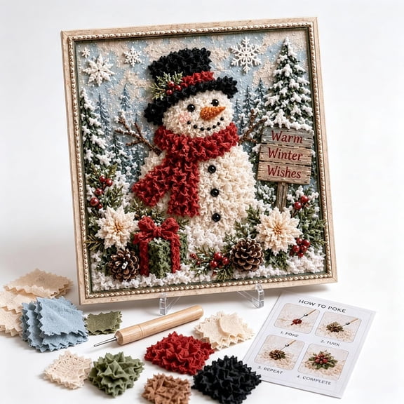 3D Christmas Fabric Poke Art Kit, No-Sew Winter Wreath Craft Set, DIY Textured Framing Art, Handmade Soft Fabric & Wood Tool, Holiday Wall & Table Decor