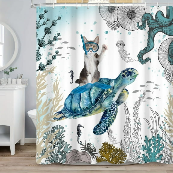 SUNOLIFE Sea Turtle with Cat Shower Curtain,Ocean Coastal Fabric Bathroom Curtain for Kids,60x72 in