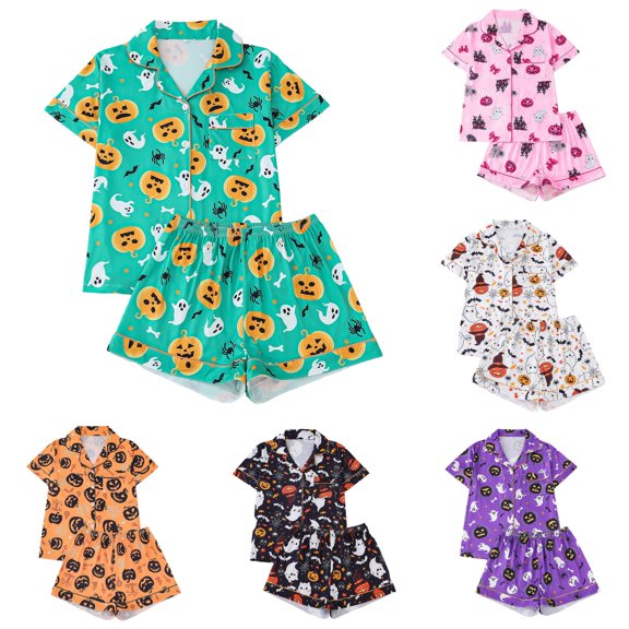DHFJKG Halloween Pajamas For Women Set Short Sleeve Sleepwear Pumpkin Ghost Button Down 2 Piece Pjs