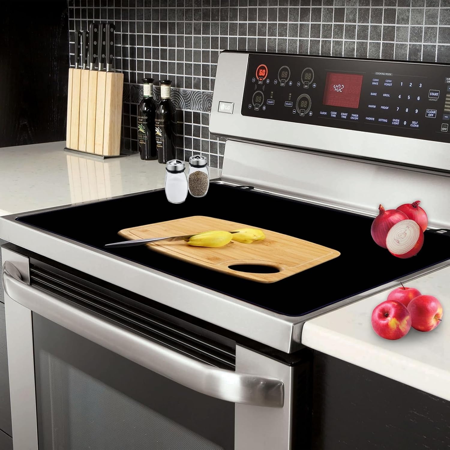 Fireproof Stove Top Cover,Waterproof Electric Stove Cover,Heat Resistant Ceramic Glass Stovetop Cover,Cooktop Protector Mat,Rubber Induction Cooktop Mat,Prevent Scratching,24 × 21 inch Black