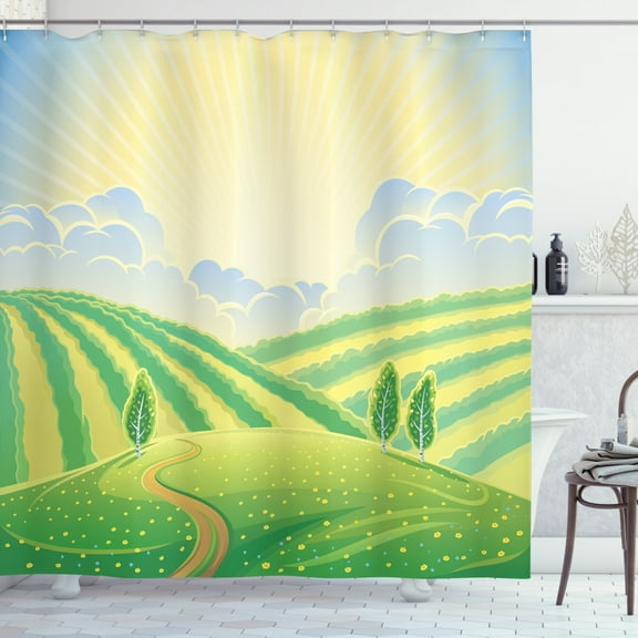Nature Shower Curtain, Hills and Sunrise Roads Fields Countryside Cartoonish Illustration, Fabric Bathroom Set with Hooks, 69W X 84L Inches Extra Long, Fern Green and Multicolor, by Ambesonne