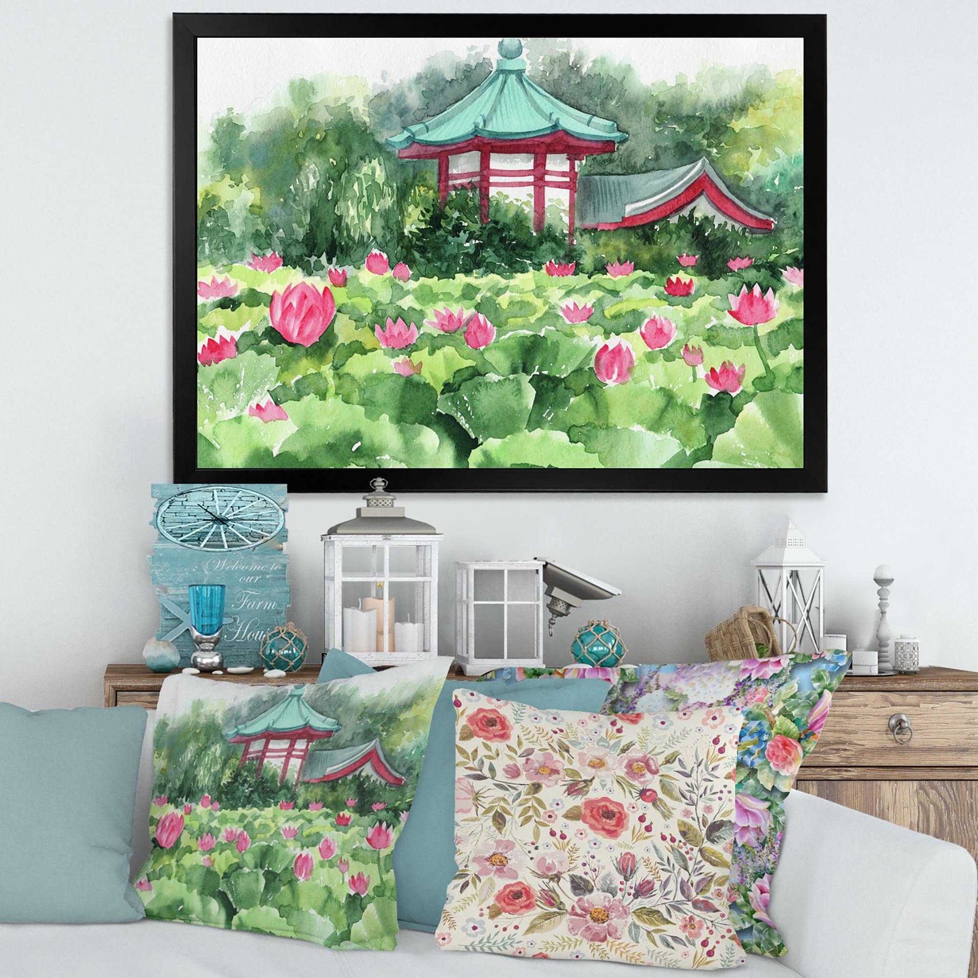 Designart 'Pagoda and Lotus Lake' Traditional Framed Art Print