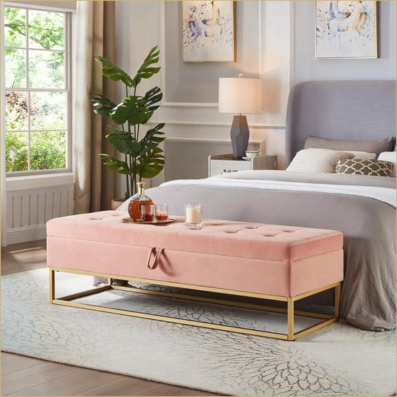 Storage Bench 58.6" Contemporary Metal Base with Storage for Bed, Living Room, Hallway | Pink Velvet | Foot Stools