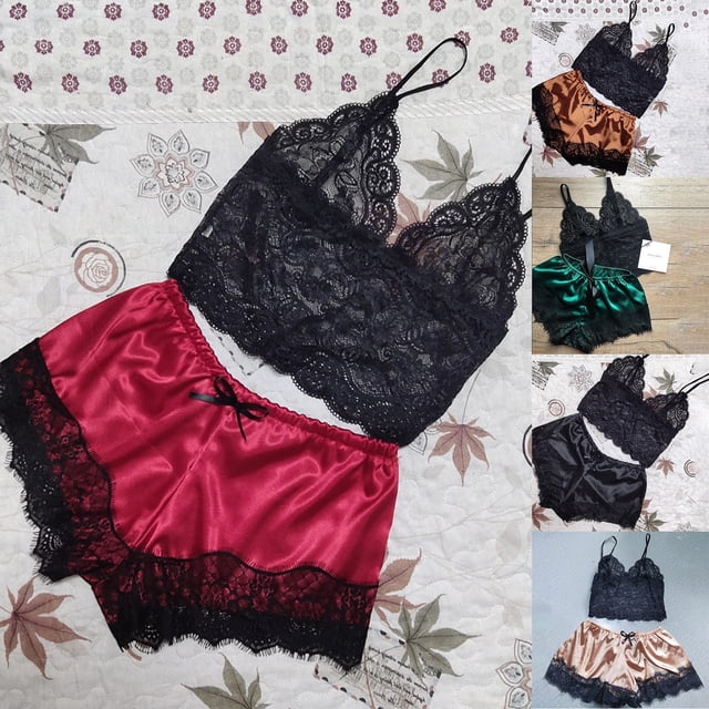 Fairnull 1 Ensemble Shorts Voir à Travers Patchwork de Dentelle Deux Pièces Pyjama pour la Nuit de Noces
