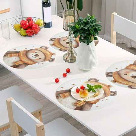 

Round Grid Placemat One Sizex4 Round Placemat PVC Plate Mat，15.4 Inch Non-Slip and Heat Resistant Table Placemat Dining Room Placemat Cartoon Gray Shawl Bear