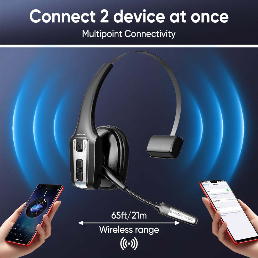 Bluetooth Headset with Microphone, Trucker Bluetooth Headset with ENC Noise Cancelling & Mute Button, Wireless On-Ear Headphones 60 Hrs Working Time, for Trucker Home Office Remote Work Zoom