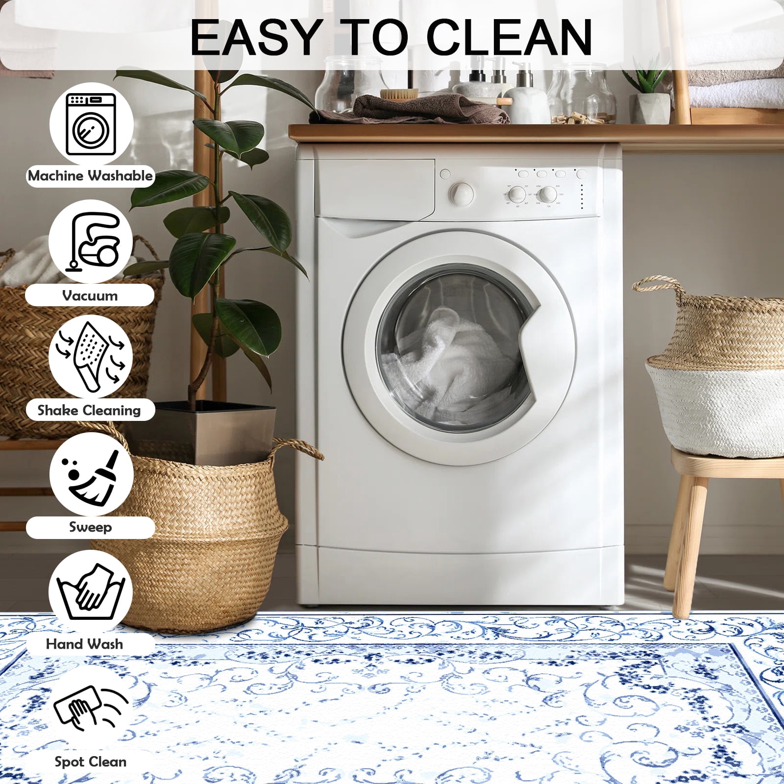 Artnice Floral Rugs for Living Room 8x10, Machine Washable Area Rugs Non Slip, Boho Blue Rugs Vintage Indoor Carpet Mats for Home Decor