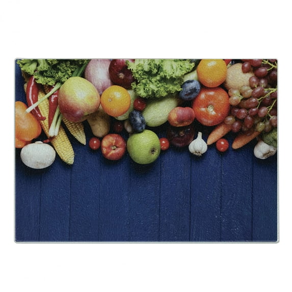 Harvest Cutting Board, Fresh Organic Fruits and Vegetables on Blue Wooden Table Natural Vegan Options, Decorative Tempered Glass Cutting and Serving Board, Small Size, Multicolor, by Ambesonne