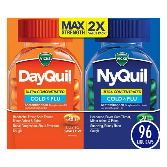 Vicks DayQuil and NyQuil Cold and Flu Ultra Concentrated Liquicaps, Cold Medicine for Adults, 96 Count