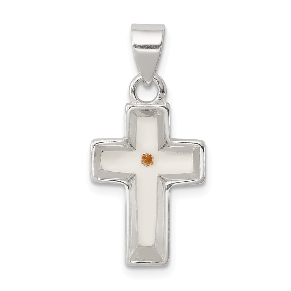 Sterling Silver Polished & Epoxy Cross Mustard Seed Charm Pendant 36 mm x 21 mm
