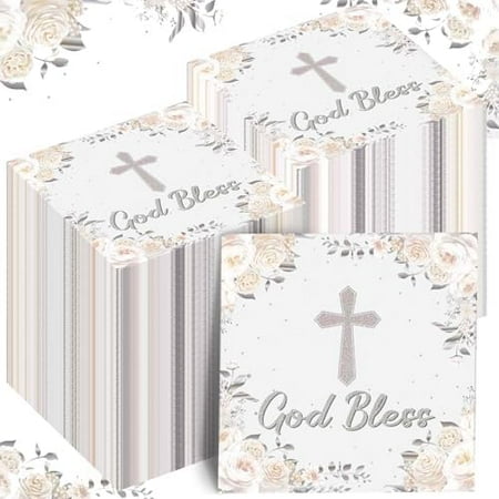 200 Pcs God Bless Baptism Napkins First Holy Communion White Slivers Napkins Cross Religious Paper Serviettes for Christening Religious Party Decorations