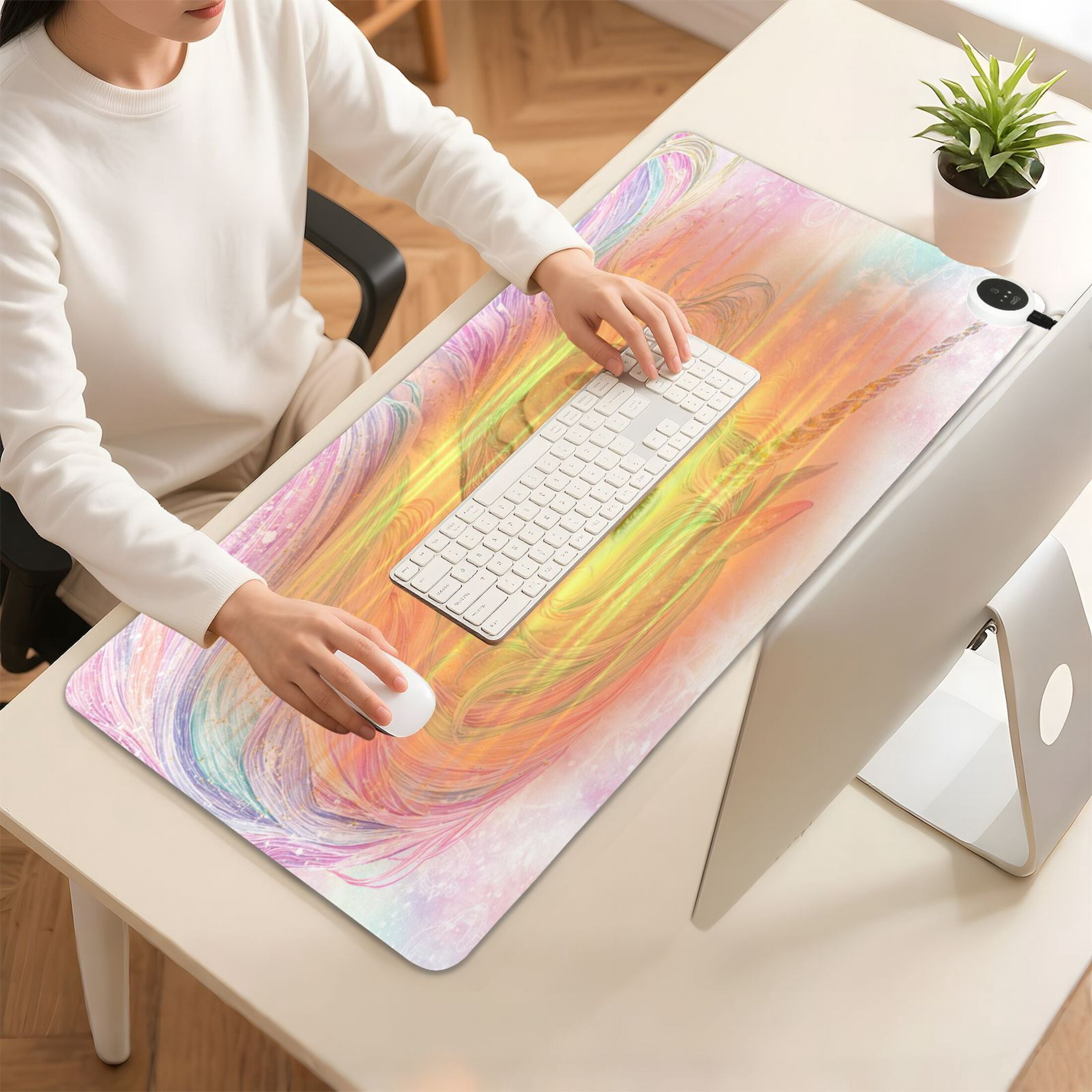 Large Heated Desk Mat Mouse Pad 31.5"x13"PU Leather Graphene Heating Desk Warmer with 3 Temperature Settings 110V US Plug Non-Slip Warm Pad for Home, Office, and Gaming Magical Unicorn Pastel Sky