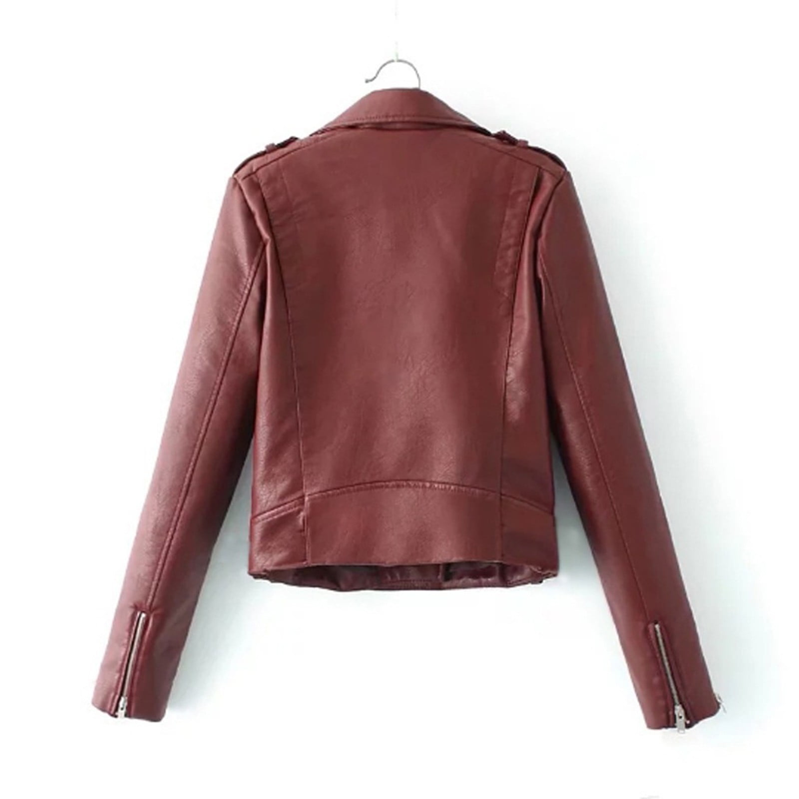 SELONE Faux Leather Moto Jackets for Women Long Sleeve Jacket Lapel Short Zip Up Coat Slim PU Casual Solid Outerwear with Pockets Winter Overcoat Outwear Coat Clothes for Women Wine M