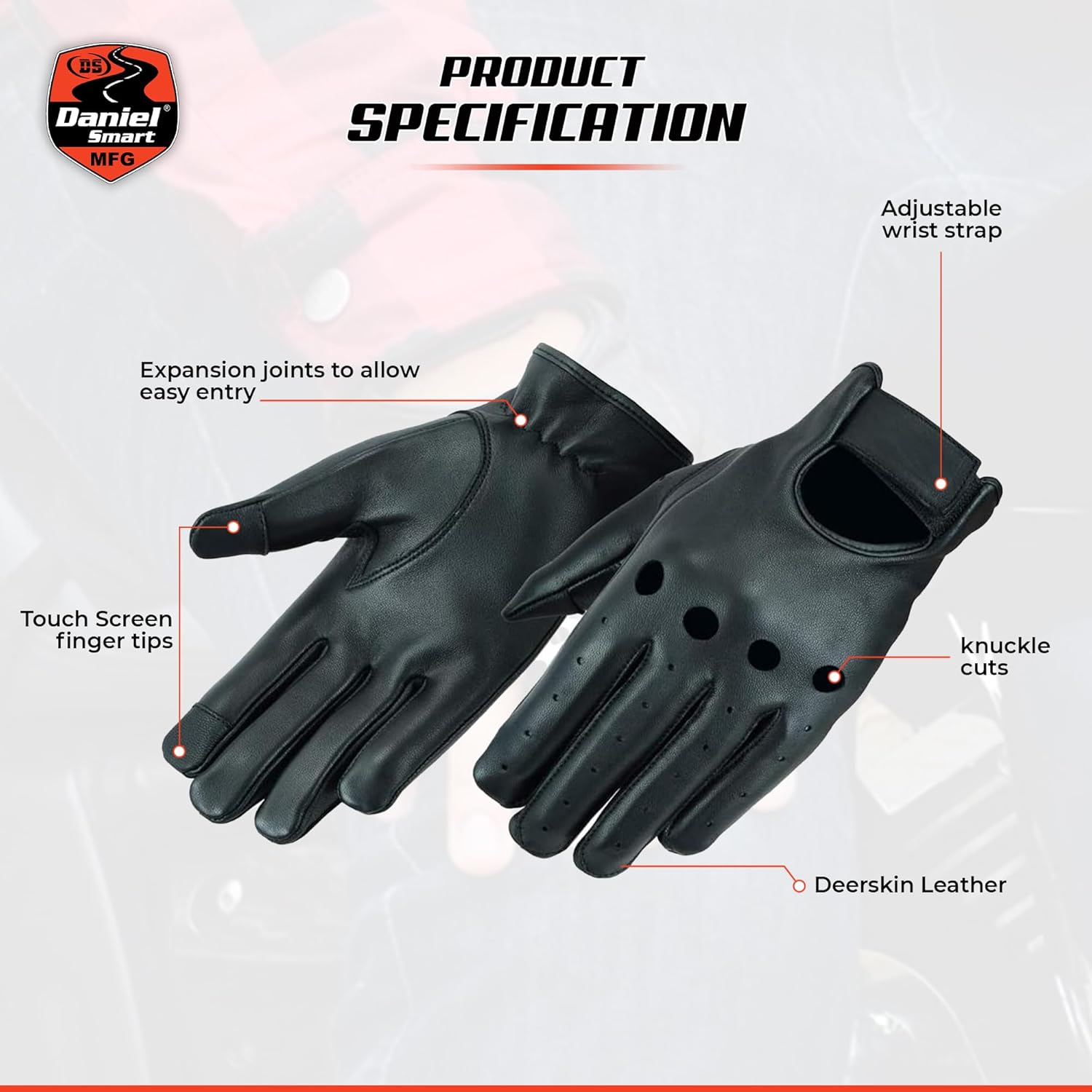 Daniel Smart Deerskin Leather Gloves – Unlined Motorcycle Gloves with Knuckle cuts Out and Touch Screen Fingertips