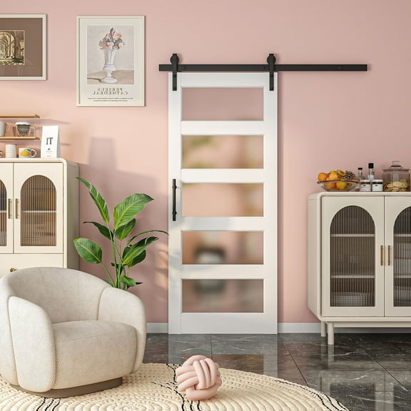 30" X 84" White 5-Lite Sliding Barn Doors Frosted Glass Door With Hardware Kit