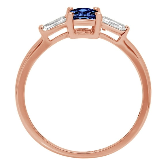 0.8 ct Emerald Cut Simulated Tanzanite Three-Stone Engagement Ring for Women in 18K Rose Gold