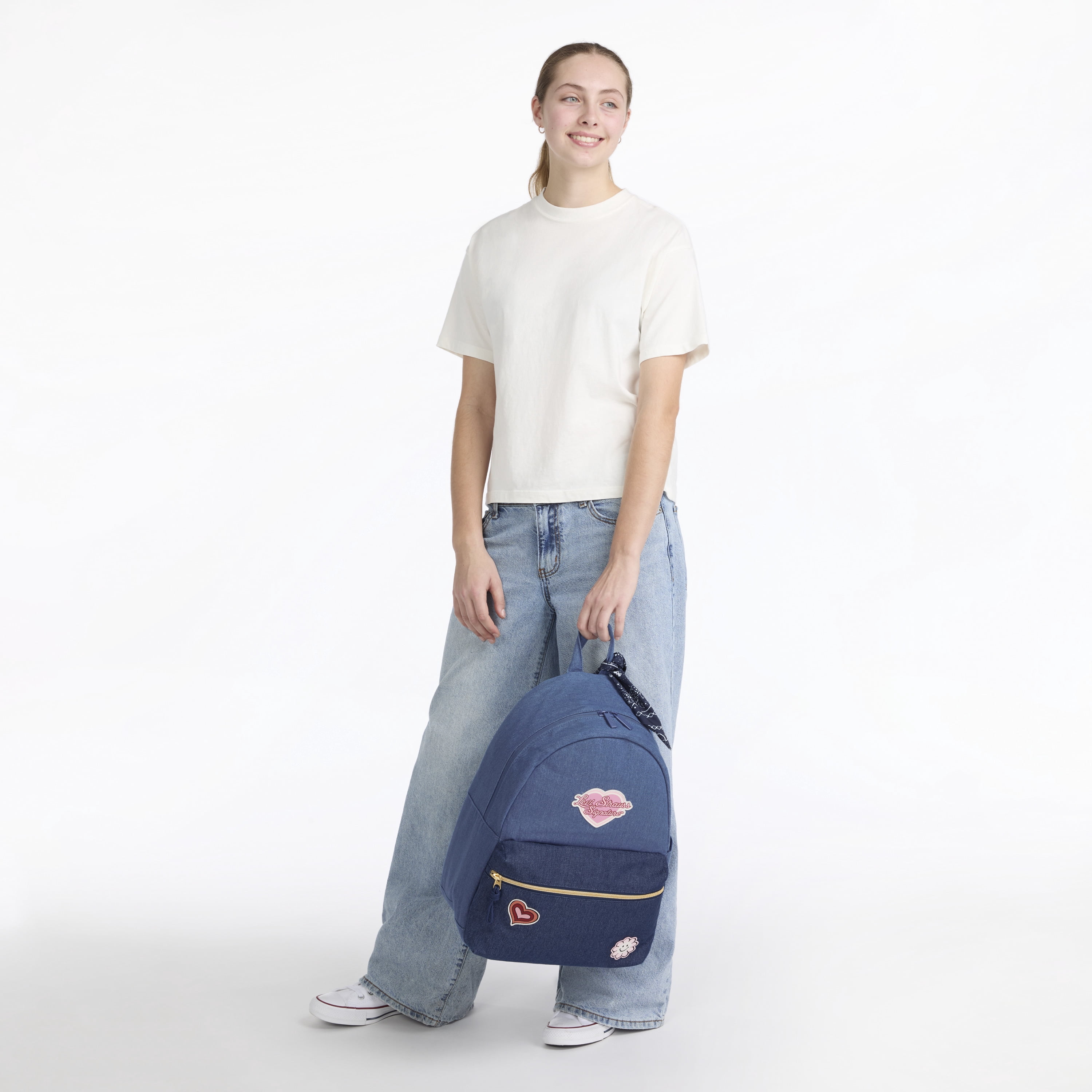 Levi Strauss Signature 17" Women's Adult Denim Patches Dome Backpack, Good Guy Blue