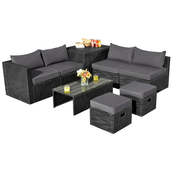 Gymax 8PCS Rattan Patio Sectional Furniture Set w/ Waterproof Cover & Grey Cushions