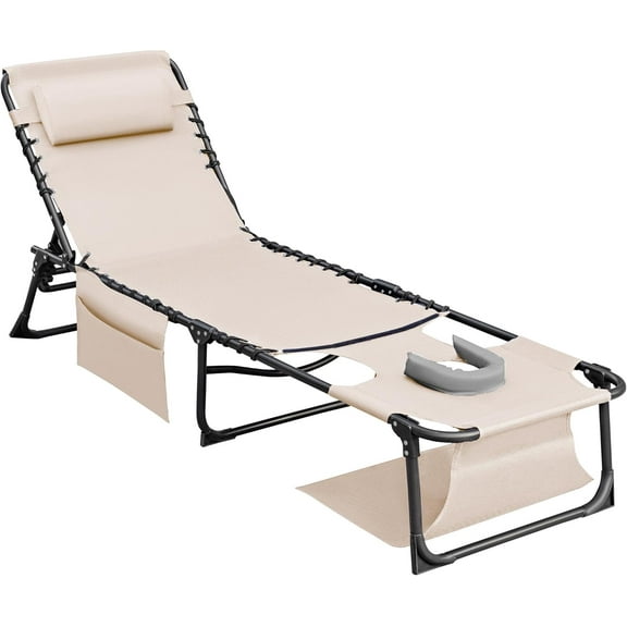 Flamaker Face Down Chaise Lounge Chair 5-Position Adjustable Sunbathing, Foldable Tanning Chair with Face& Arm Holes, Outdoor Recliner Chair for Pool, Beach, Patio, Lawn (Beige, 1 Pcs)