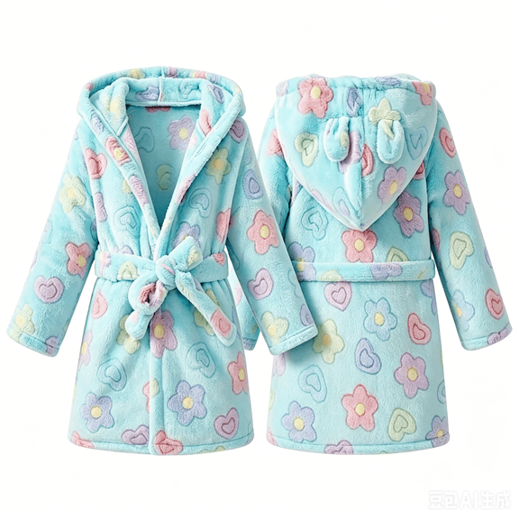 LYMAYTER Girls Warm Fleece Robe Toddler Girls Soft Hooded Bathrobe Cute Graphic Flannel Pajamas Robe for 1-7Y Kids