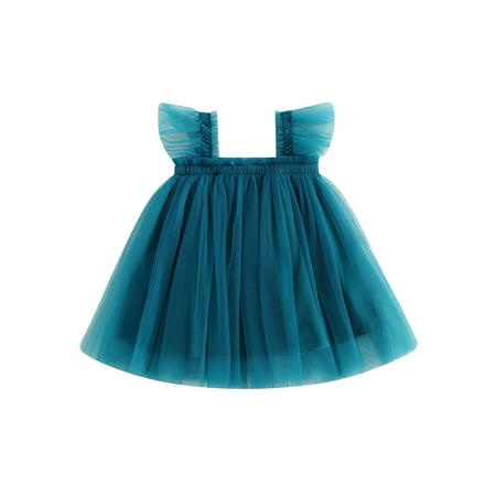 

Suanret Kids Toddler Girls Tulle Dress Fly Sleeve Solid Color Summer Dress Party Princess Dress Sapphire Blue 12-18 Months