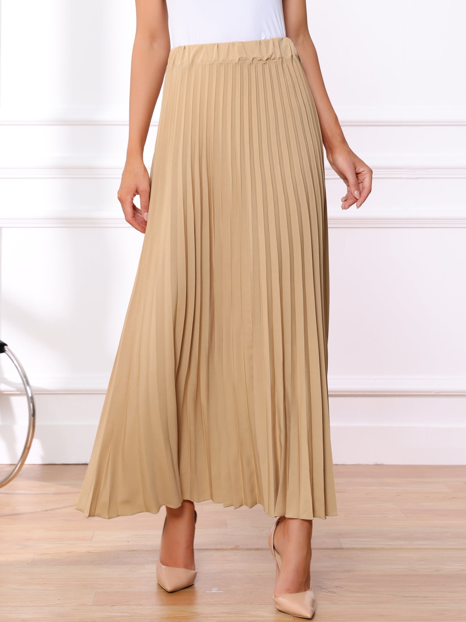 DARING DIVA Women's Elegnat Elastic High Waist Flowy A-Line Maxi Skirt XL Khaki