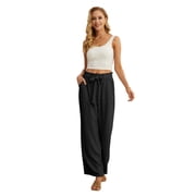 JWD Women's Wide Leg Pants with Pockets High Waist Adjustable Knot Loose Casual Trousers Business Work Casual Pants Black Large
