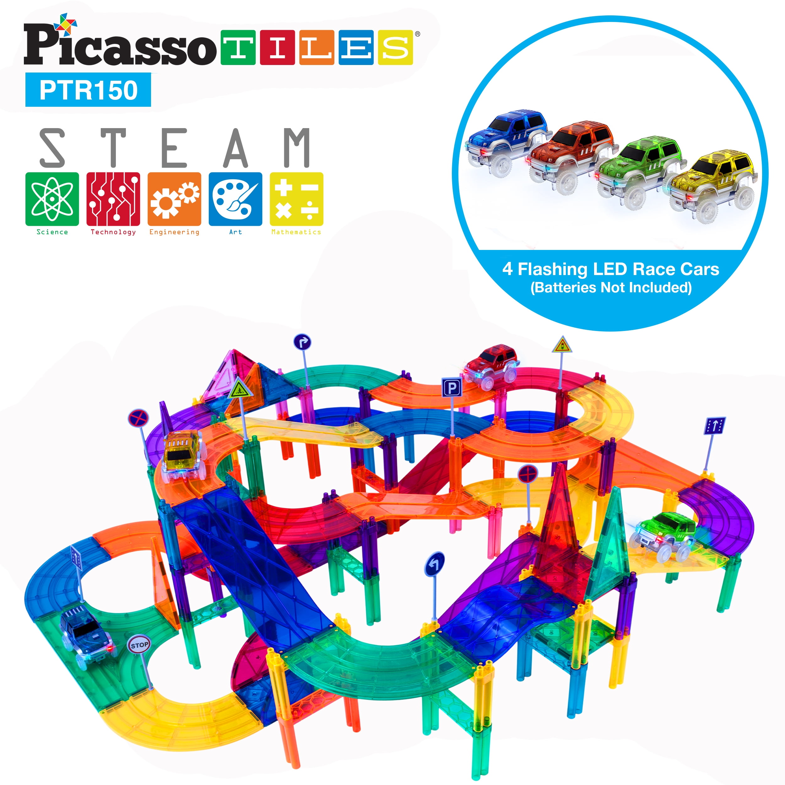 PicassoTiles 80 pc Race Track Building Blocks Educational Toy Set 2 Race Cars 