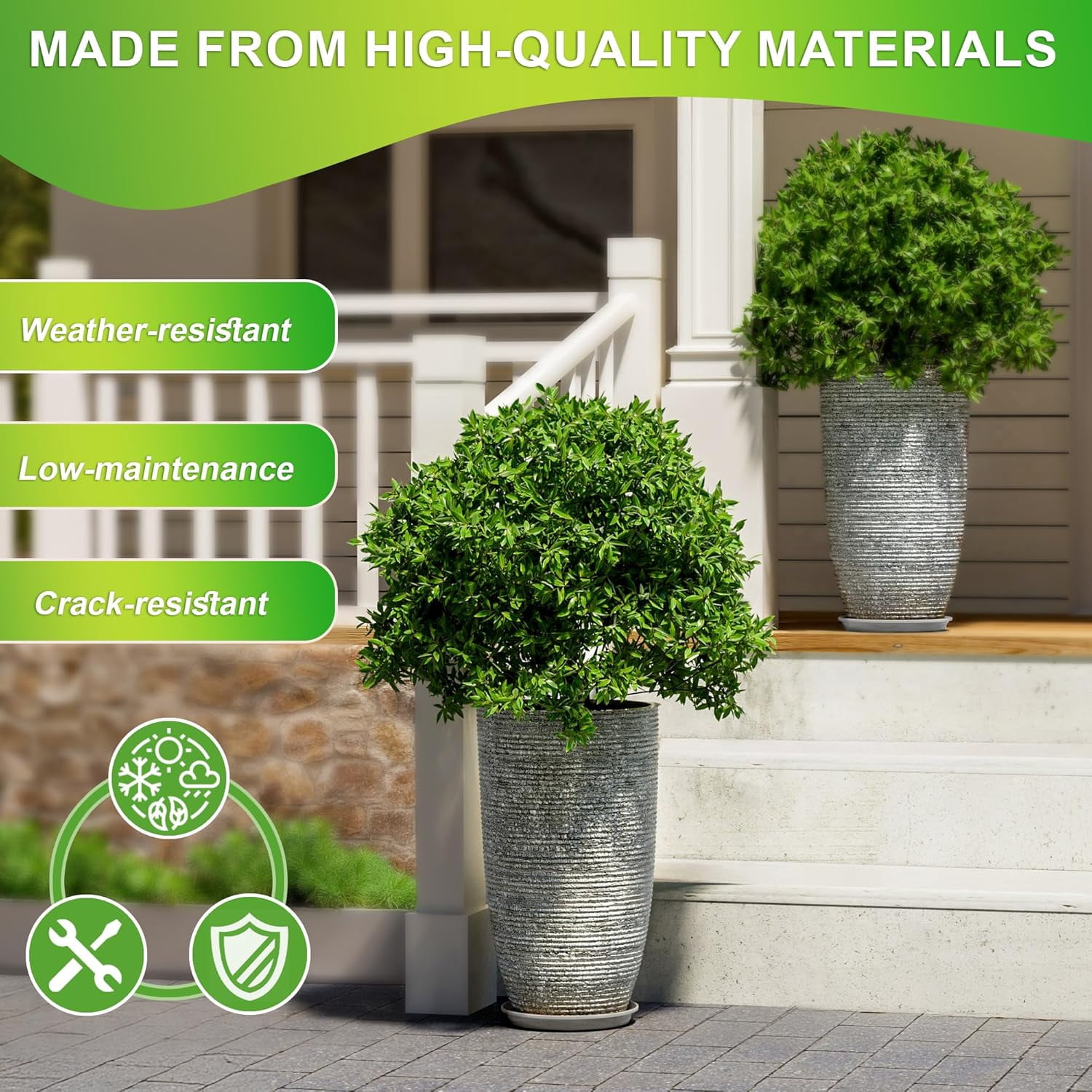 QCQHDU 21 inch Tall Planters with Saucer,2 Pack 9 Gallon Stone Round Pots for Indoor Plants,Outdoor Patio & Porch Decor, Heavy Duty Weatherproof Plant Containers,Gray