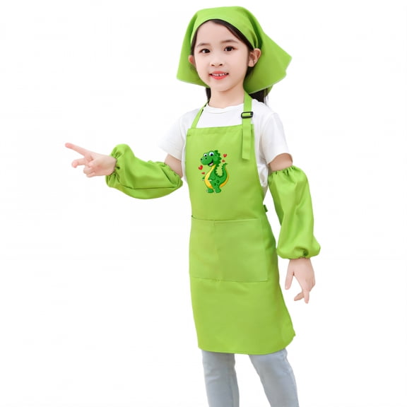 AUQ Kids Chef Hat and Apron,Form-Fitting Style Toddler Apron,Polyester Sheet Waterproof Apron,Green3