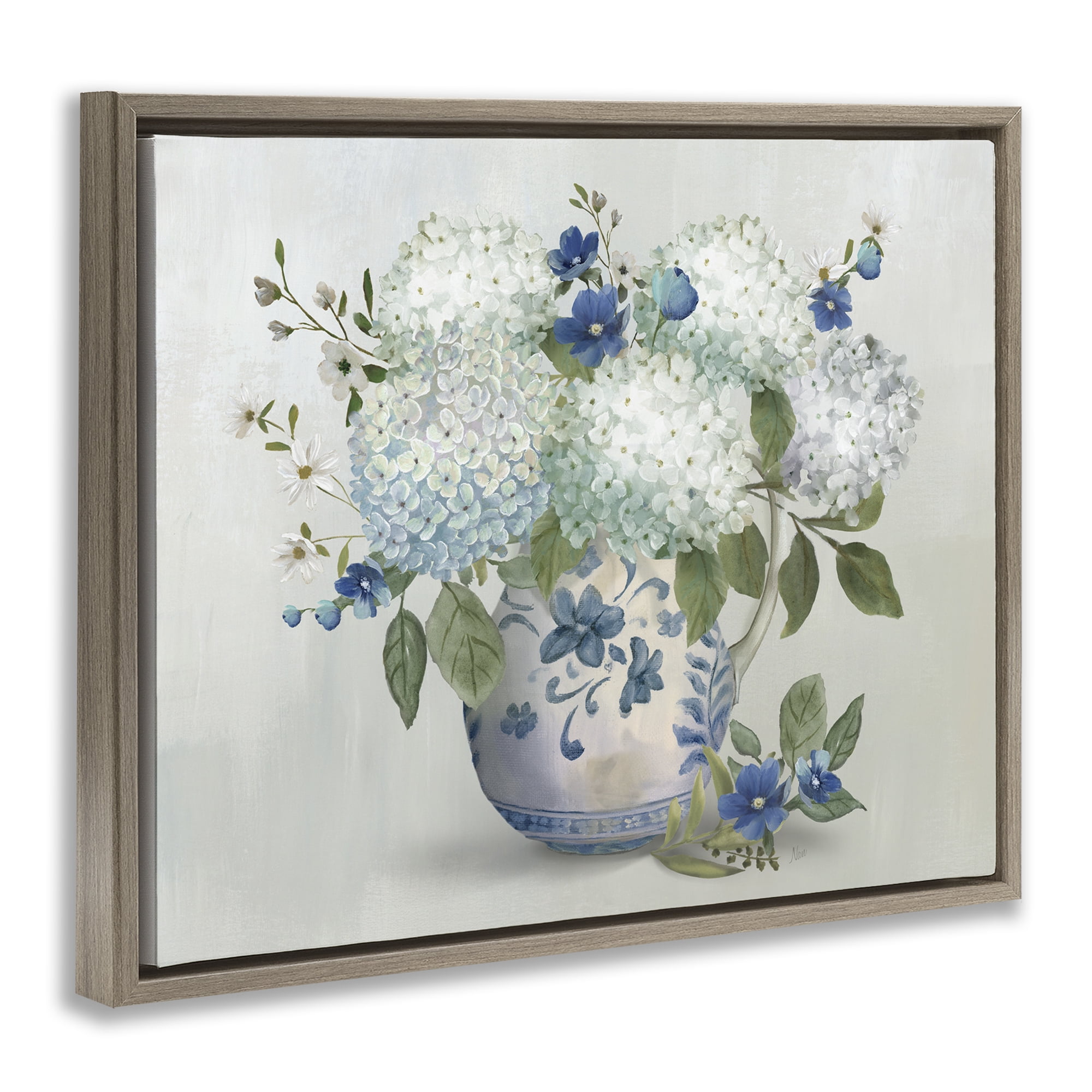 Stupell Industries Ivory & Blue Hydrangea Vase Brown Framed Floater Canvas Wall Art, design by Nan