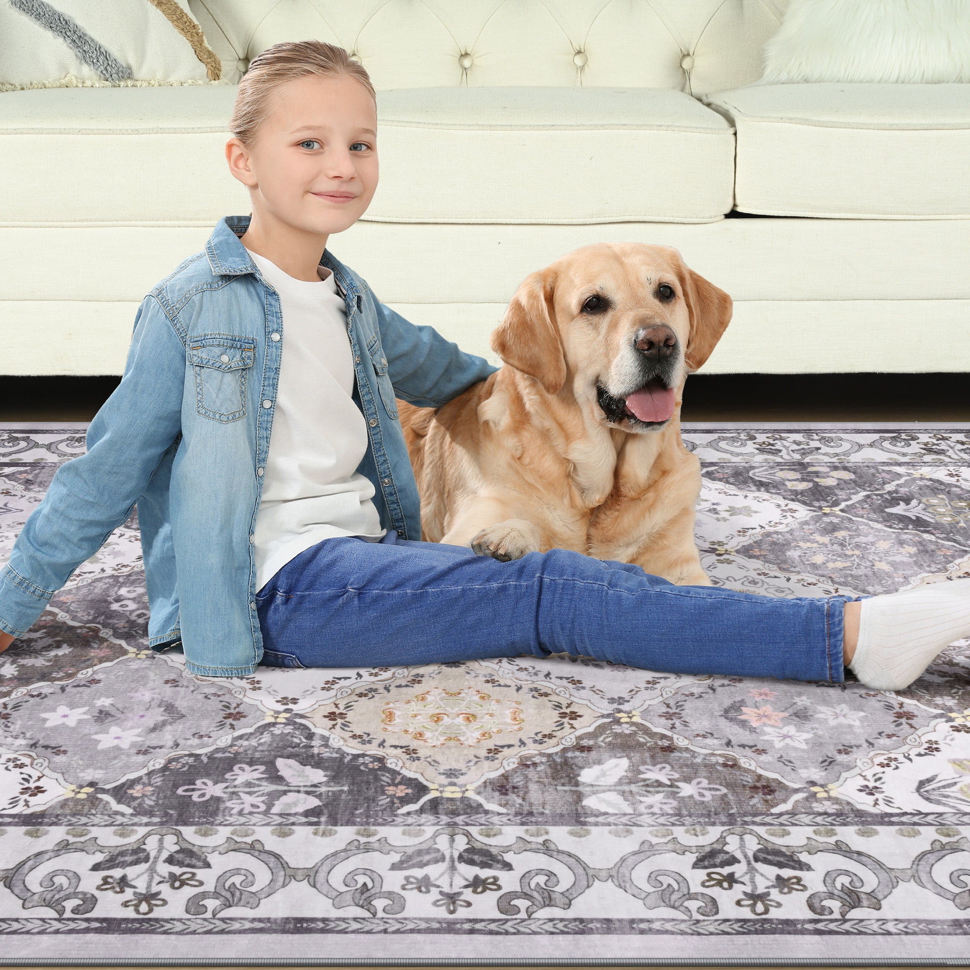 Wondo Moroccan Vintage Trellis Area Rug - Machine Washable Non-Slip Low-Profile 5x8 Floor Carpet for Living Room, Bedroom, Dining Room, Office & Nursery, Gray