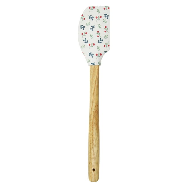 Holiday Time Christmas Holly Berries Silicone Spatula with Wooden Handle, Festive Baking Tool