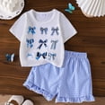 thumbnail image 2 of HCNTES Kid Girls Clothes Outfits Cute Sweet Bowknot Print T-Shirt + Bowknot 2 In 1 Denim Short Summer Clothing Set, 2 of 6