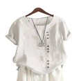 thumbnail image 1 of CHOK Womens Solid Color Short Sleeve O Neck Buttons Linen Blouse Tops Plus Size, 1 of 2