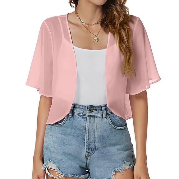 Garbnen Women's Sheer Chiffon Shrug Short Sleeve Cropped Open Front Sun Protection Beach Cover Up for Women L