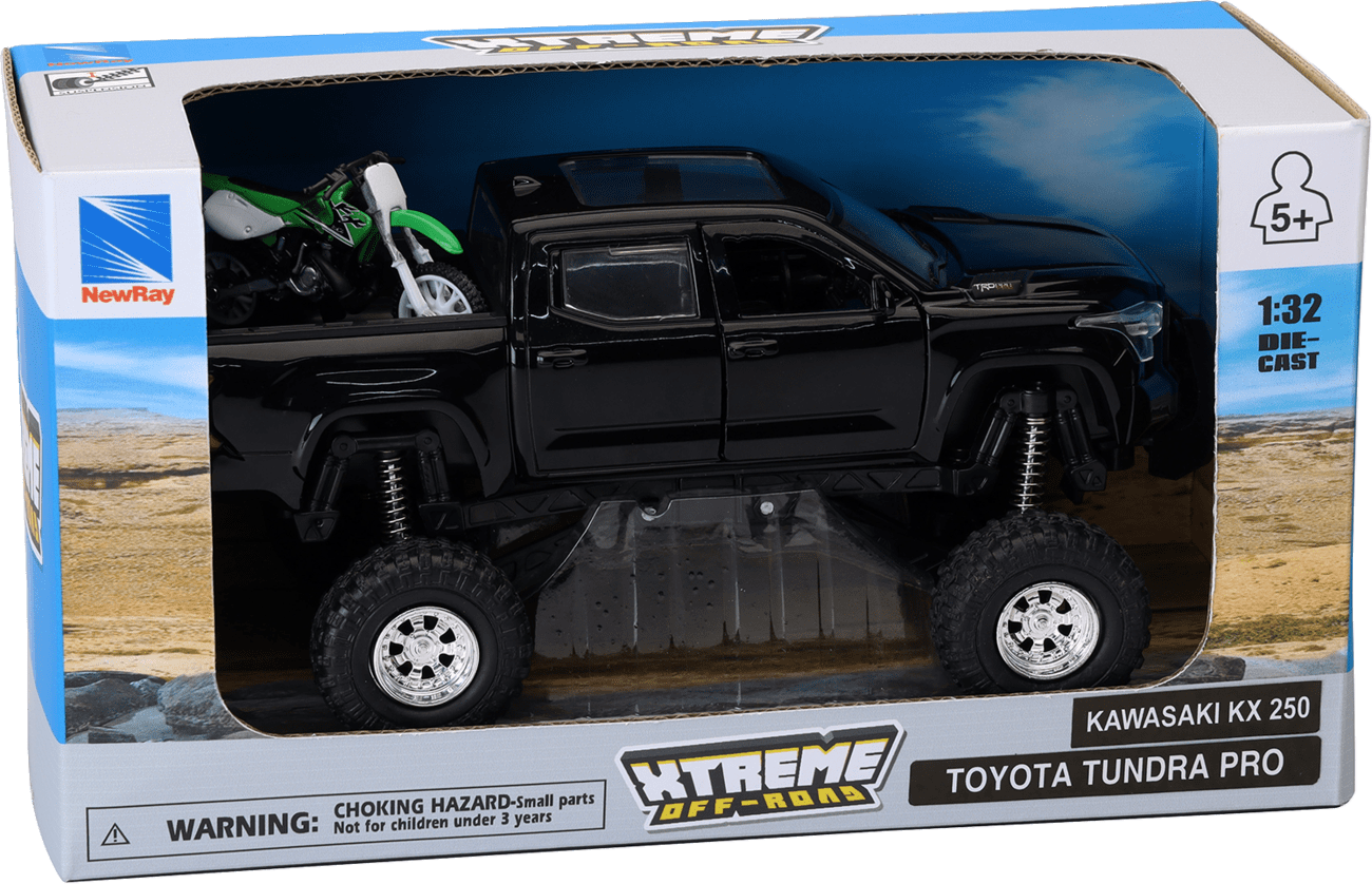 NewRay Toyota Tundra Off-Road Pickup Truck with Kawasaki Dirt Bike, 1:32 Scale, Black