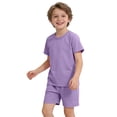 thumbnail image 2 of CPNG Girls and Boys 2 Piece Short Set Kids Summer Outfit Solid Color Short Sleeve T-shirt Elastic Waist Shorts Set(Purple,9-10 Years), 2 of 7