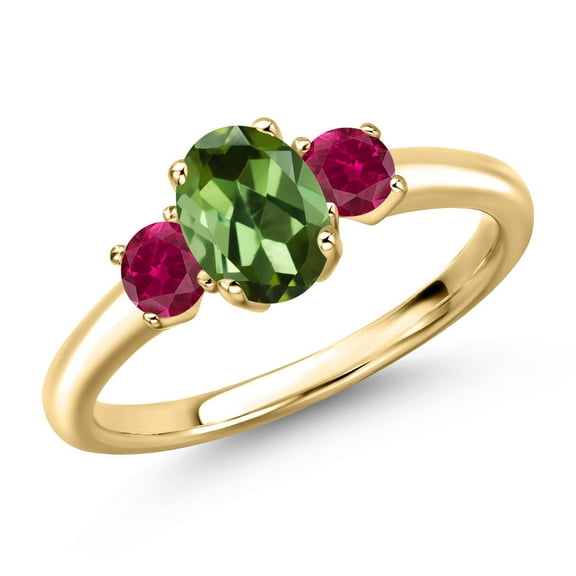 Gem Stone King 10K Yellow Gold Green Tourmaline and Red Created Ruby Engagement Ring for Women | 1.20 Cttw | Oval 7X5MM | Gemstone October Birthstone | Size 6